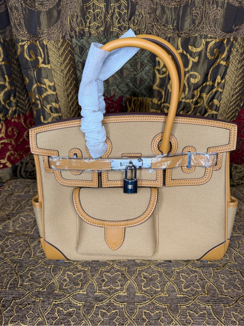 Classic Tan Canvas Cargo Tote Bag with 100% Genuine Leather Trim